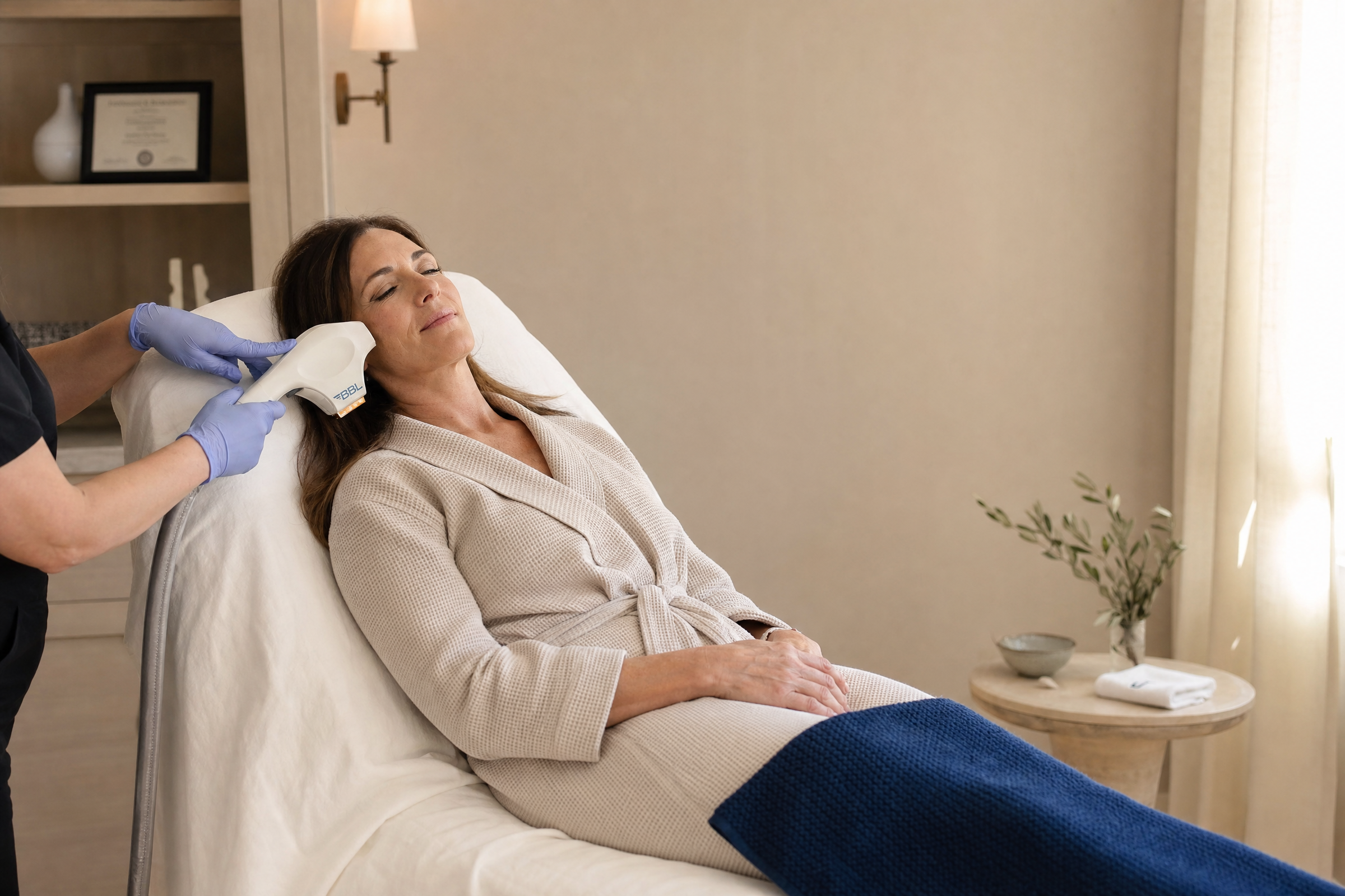 Editorial portrait of a Rejuvenations client with refreshed, healthy skin in soft natural light