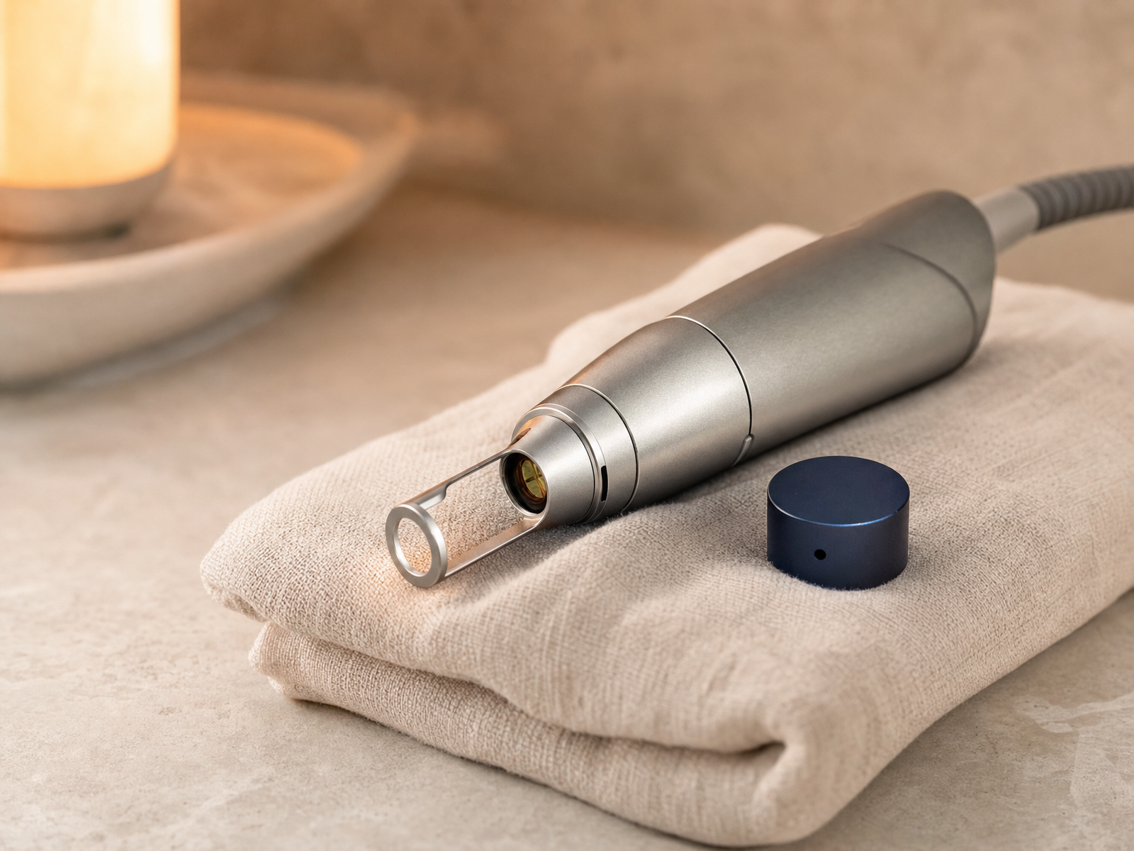 Editorial close-up of a fractional laser treatment in progress